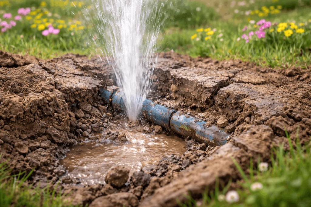 water line burst in springtime soil